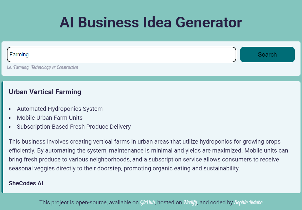 A screenshot of the AI buisness idea generator project